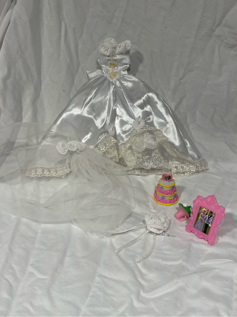 Vintage Barbie White Satin Wedding Dress with Veil and Accessories